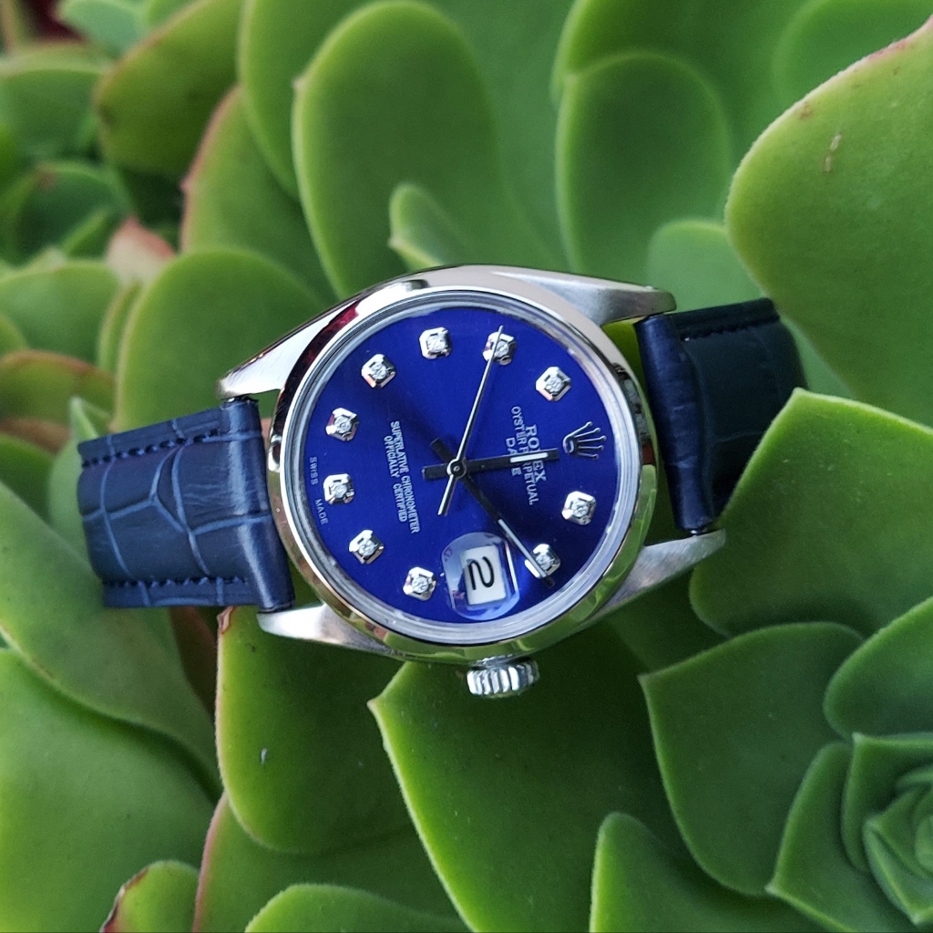 Rolex Unisex 34mm Date 1500 Blue Diamond On Leather Strap